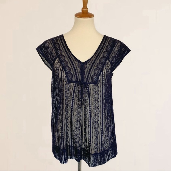 Fossil Navy Blue Sheer Lace Cap Sleeve Pullover - Picture 1 of 7